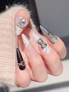 10pcs Y2K Chic Press-On Nails, Almond Shaped French Manicure, Metallic Punk Nail Stickers, Reusable Acrylic Nail Art Decals, Suitable For Party, Cosplay, Daily Wear - Includes Nail Glue And File Nail Supplies - Multicolor - View 4