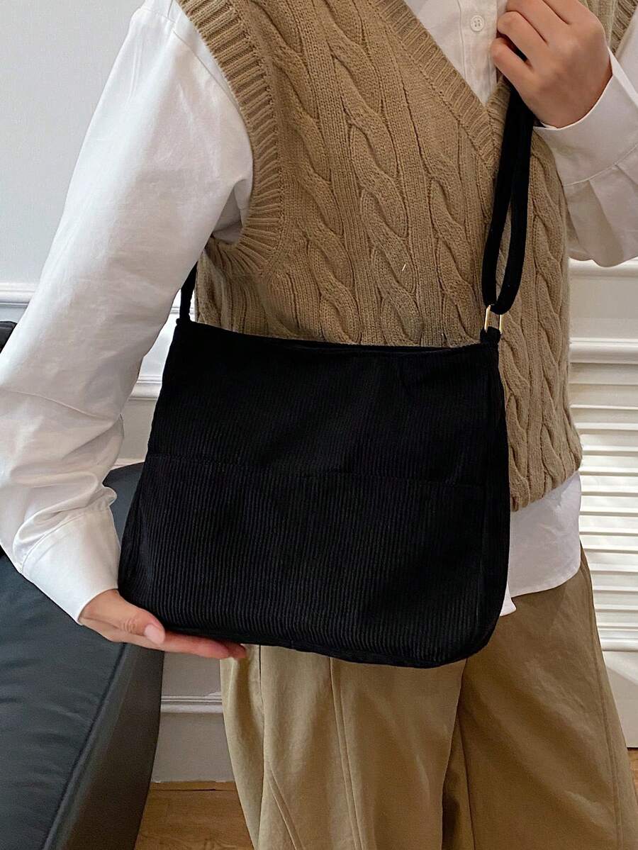 New Large Capacity Velvet Shoulder Bag, Casual Crossbody Bag, Cloth Bag, Commuting Travel Cloth Bag, College Student Bag - Black - View 1