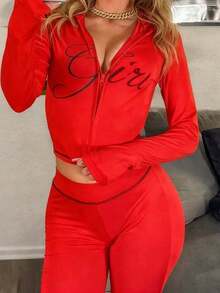 Women's Casual Street Style Outfit, Printed "Girl" Graphic Zip-Up Hoodie And Pants Set, Long Sleeve Sports 2-Piece Suit, Suitable For Party And Gathering Wear, Autumn - 紅色 - 查看 6