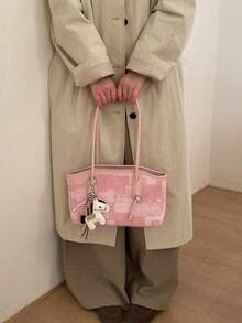 Dedoo Women's Fashionable Retro Denim Plaid Tote Bag, Adorned With A Delicate Pony Charm. - Pink - View 4