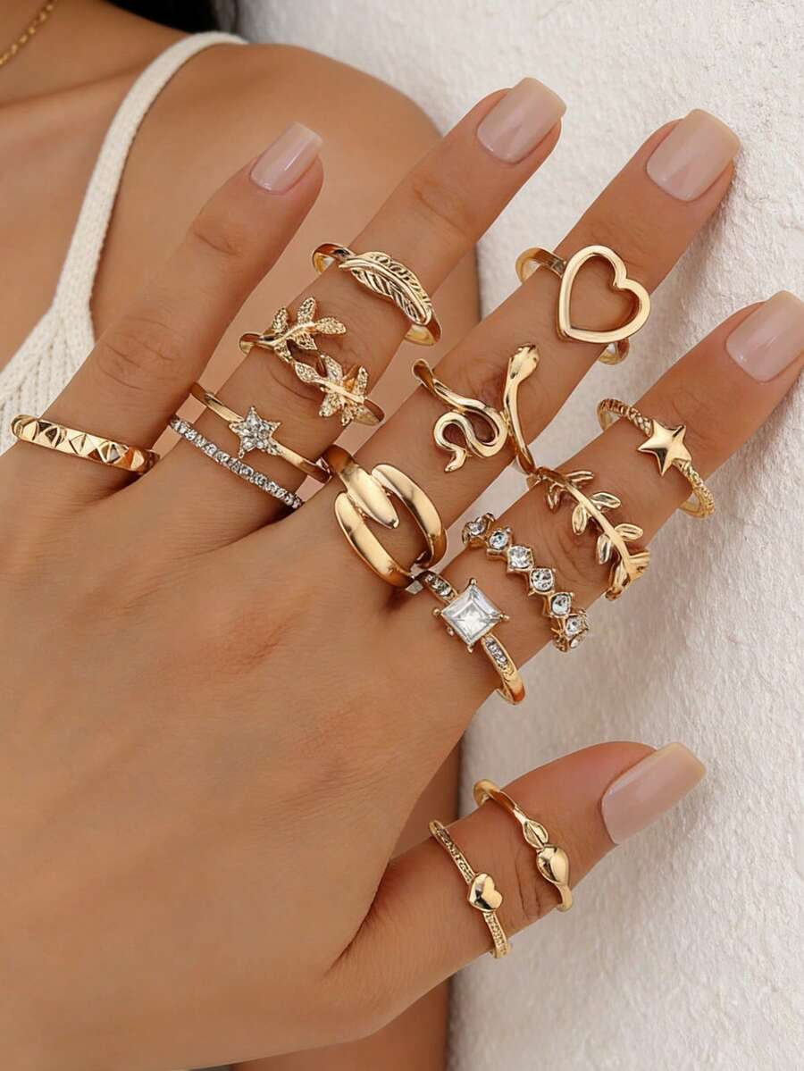 13Pcs Gold Boho Ring Set: Snake Heart Star Feather Rhinestone Stackable Rings For Women Daily Party Fashion Jewelry - Gold - View 1
