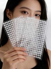 3 Packs Fantasy Pearl Stickers, Geometric Round Resin Pearls, Self-Adhesive Glitter Embellishment For Crafts, Plastic Surface Application, Single Use - White Glossy Finish For DIY Hair, Face, Body, Nail Art & Phone Case Decor - Rectangle - View 1