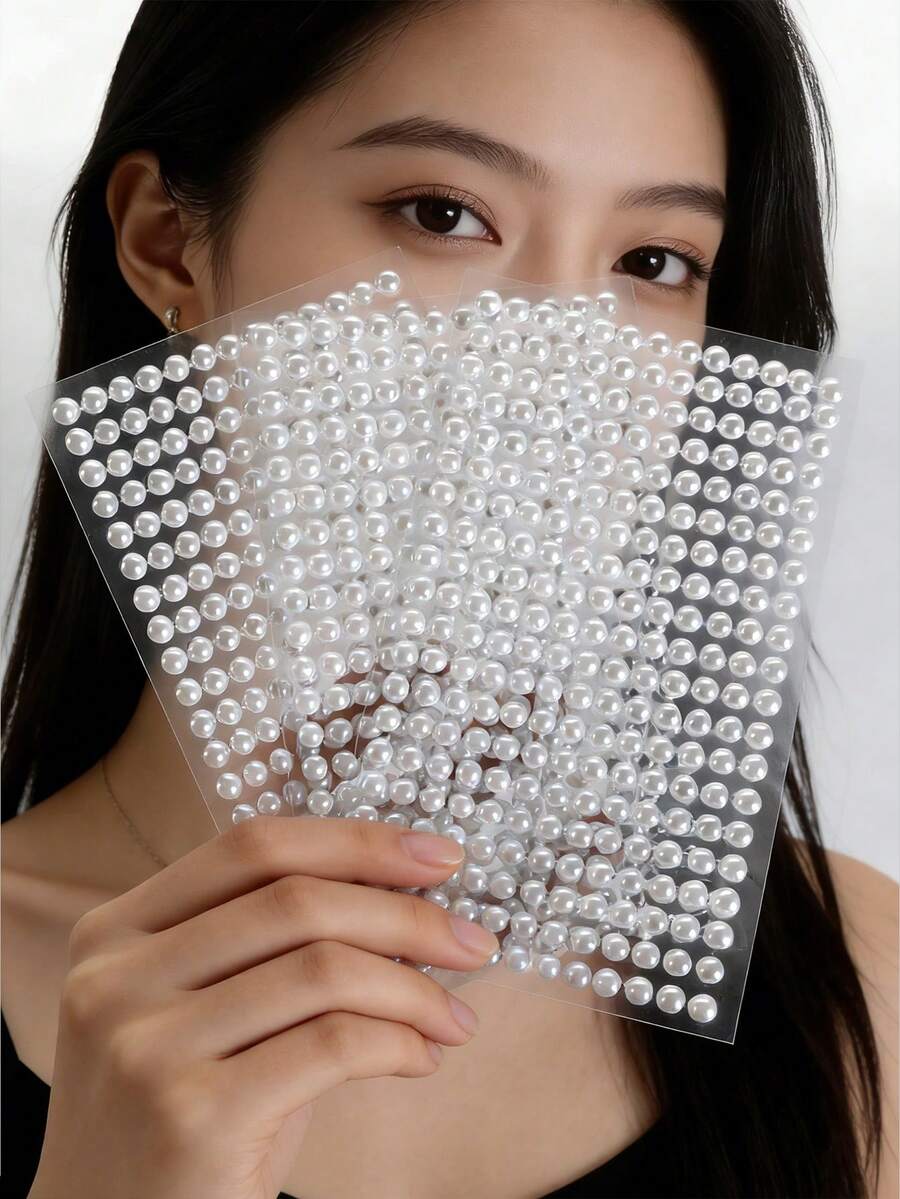 3 Packs Fantasy Pearl Stickers, Geometric Round Resin Pearls, Self-Adhesive Glitter Embellishment For Crafts, Plastic Surface Application, Single Use - White Glossy Finish For DIY Hair, Face, Body, Nail Art & Phone Case Decor - Rectangle - View 1