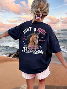 Áo thun ngắn tay cổ tròn màu xám đậm in họa tiết, kiểu dáng thường ngày cho bé gái tuổi teen, thích hợp mặc mùa hè. - Màu xanh hải quân - Xem 1