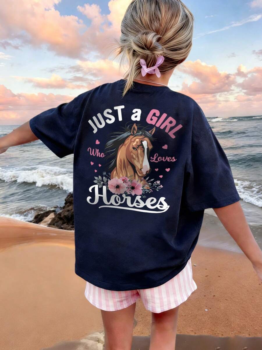 Áo thun ngắn tay cổ tròn màu xám đậm in họa tiết, kiểu dáng thường ngày cho bé gái tuổi teen, thích hợp mặc mùa hè. - Màu xanh hải quân - Xem 1