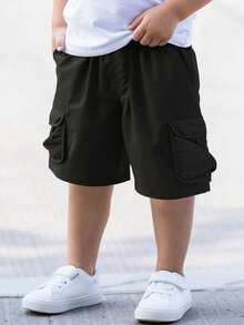 1件装 男童舒适百搭休闲时尚工装短裤，带大口袋，适合日常穿着 - 黑色 - 查看 4