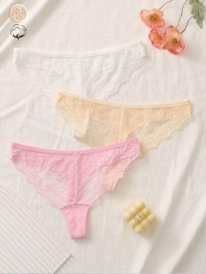 3pcs Lace Patchwork Cotton Stretch Thong Panties For Women