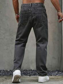 男士水洗褪色直筒牛仔裤，休闲街头风，适合所有季节 - 灰色 - 查看 5