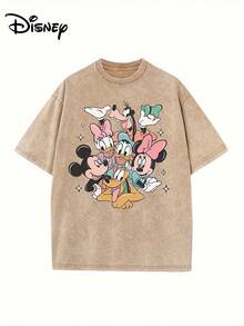Disney Official Authorization | Retro Mickey Mouse T-Shirt-Heavy Washed Cotton Loose Street Style For Men And Women-Four Seasons Casual Wear-Genuine Authorization-Comfortable Fabrics-Cartoon Pattern Printing-High-Quality Short-Sleeved Tops-Fashion Design-Daily Wear. - Khaki - View 1