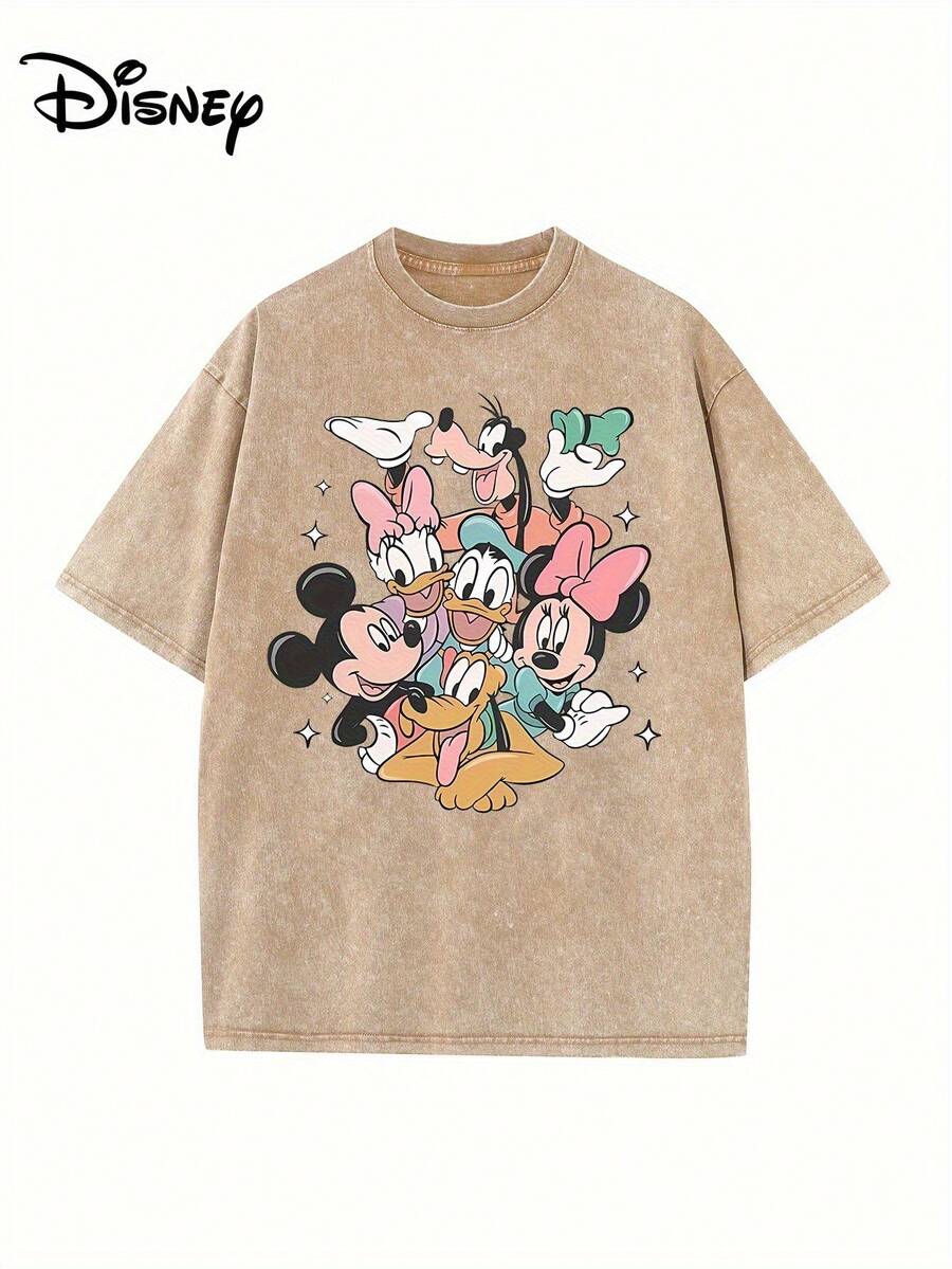 Disney Official Authorization | Retro Mickey Mouse T-Shirt-Heavy Washed Cotton Loose Street Style For Men And Women-Four Seasons Casual Wear-Genuine Authorization-Comfortable Fabrics-Cartoon Pattern Printing-High-Quality Short-Sleeved Tops-Fashion Design-Daily Wear. - Khaki - View 1