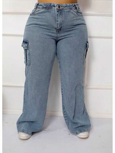 Calça Wide Leg Cargo Plus Size 100% Jeans – 6 Bolsos