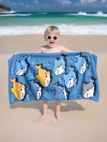 1pc Cute Cartoon Shark Children's Beach Towel, Super Soft Fiber Extra Large Beach Blanket, Super Absorbent Bath Towel, Suitable For Travel, Swimming Pool, Diving, Surfing, Yoga, Camping, Available In Multiple Sizes, Beach Accessory For Beach, Pool, Travel, Camping, Yoga