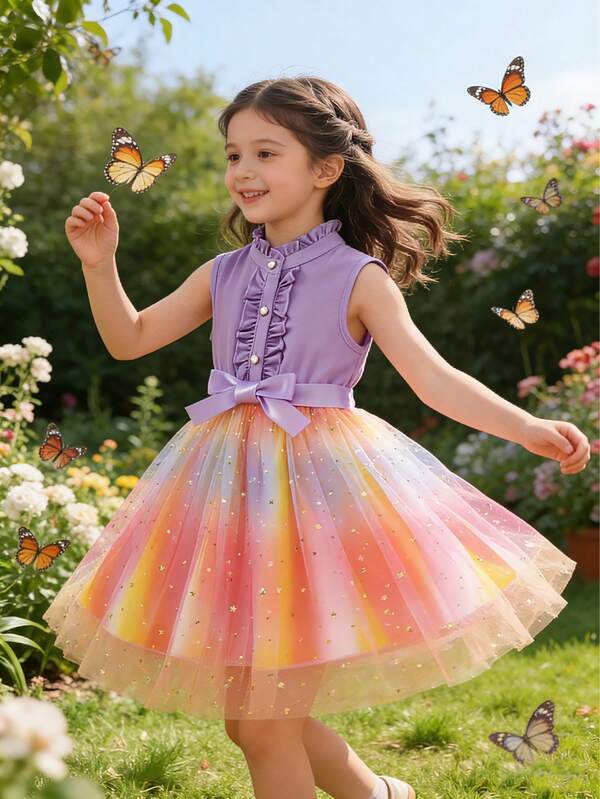Girls' Sleeveless Dress, New Summer Design, Mesh Patchwork, Star Foil Print, Colorful, Ruffle Collar