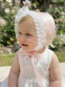 1pc Royal Style Pink Shiny Fabric Baby Bonnet, 0-3M 3-6M Months, Pink Satin Cotton - 1PC - View 7