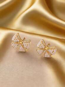 Bộ 3 món gồm dây chuyền và bông tai đính đá giả ngọc trai hình nơ, thiết kế sáng tạo, tối giản, thanh lịch, cổ điển, thời trang thường ngày, phù hợp cho Lễ Tạ ơn, Giáng sinh, đi làm hàng ngày, dự tiệc, ngày lễ, lựa chọn quà tặng tiết kiệm chi phí (Hộp đựng chỉ để chụp ảnh). - Vàng - Xem 4