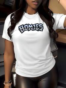 1pcs Homies Letter Graphic Print T Shirt 220g Street Style Women's Casual Round Neck 100% Cotton Tee Urban Fashion - 白色 - 查看 8