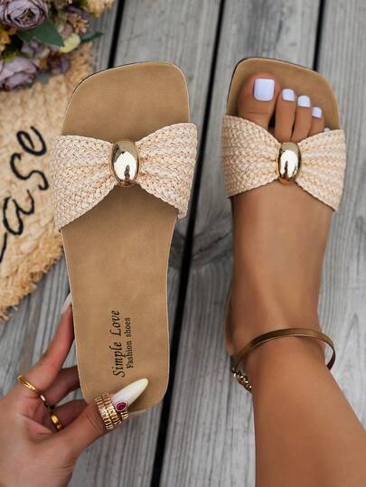 Women's Bow-Knot Straw Beige Sandals, Square Toe With Metal Decor, Open Toe Soft Bottom Comfortable Flat Slippers, Breathable Non-Slip For Vacation, Beach, Home
