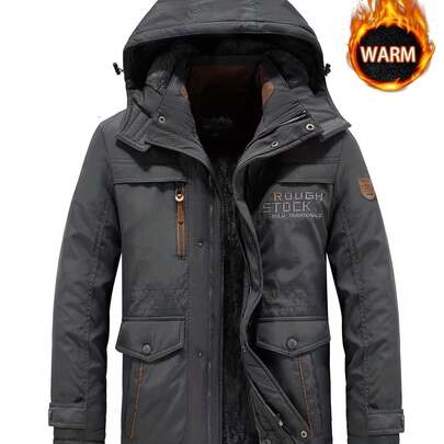 Men's Winter Hooded Padded Coat, Thickened Warm With Lining, Multi-Pocket Solid Color Streetwear Outerwear