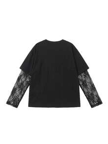 Star River Girl Lace Patchwork Long Sleeve Round Neck Loose Knit Black Top, Sexy Date Top For Spring/Summer, Valentine's Day Casual - 2A10 Black - KJ0264 - View 9