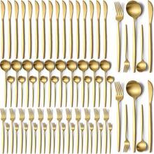 60pcs Deluxe Golden 410 Stainless Steel Cutlery Set, Portugal Western Cutlery Set With Knives, Forks And Spoons, 12pcs Mirror Polished Silverware Set For Weddings, Parties, Birthdays And Gatherings - 金色 - 查看 8