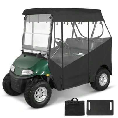 Golf Cart Enclosure 2 Passenger for EZGO RXV 2 Seater Open Front Windshield 3-Sided Clear Windows Waterproof Transparent Driving Rain Covers Roll-up Zipper Door Black with Seat Blanket