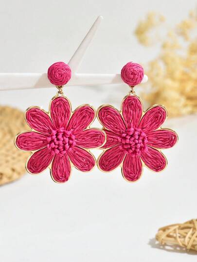 1 Pair Handmade Raffia Flower Earrings, Boho Beach Style Sunflower Earrings, Fashion Accessory, Suitable For Weddings, Holidays, Parties, Gifts For Women