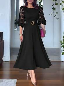Elegant Women's Fitted Mid-Length Split Dress, Patchwork 3D Polka Dot Mesh 3/4 Sleeves, Accessorized With Metal Decor Belt, Tie Waist Black Spring - Black - View 2