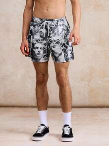 Men's Classical Sculpture Marble Texture Art Mask Print Casual Shorts - Grey - View 5