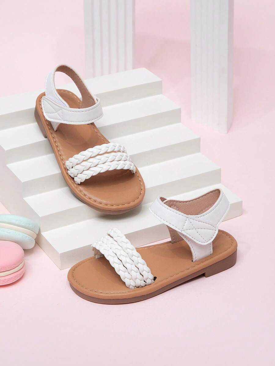1 Pair Summer Party & Wedding Cute Striped Woven Hook And Loop Princess Style Lace Flat Sandals For Toddler Girls - White - View 1