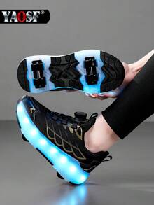 YAOSF Zapatos con ruedas para niños/adolescentes - Versión mejorada con mayor estabilidad, zapatos deportivos 2 en 1 desmontables, zapatos de patinaje sobre ruedas geniales para la calle, zapatos deportivos luminosos para exteriores, zapatos para padres e hijos, nuevos patines en línea, zapatos con luces para la noche, zapatos con ruedas recargables por USB, zapatos con ruedas y luces LED, zapatos deportivos con suela con luces LED para niños/niñas, estudiantes, zapatos con ruedas para deportes al aire libre - Negro - Ver 10
