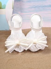 1 Pair Fashion Summer New Girls Flat Sandals With 3D Mesh Bow And Hook And Loop, Suitable For 3-8 Years Old Girls To Wear In Summer Beach Vacation, Seaside, Daily Outing, Kindergarten Activities, Birthday Party, Fairy-Style Soft Bottom Casual Princess Shoes - White - View 2