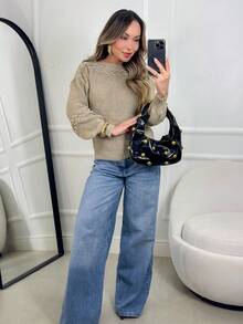Women's Knit Blouse With Inverted Braid, Long Puff Sleeves, Ribbed Cuffs, Fashion Knitwear For Winter - Sand - View 4