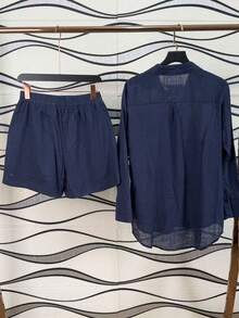 Linen Shirt And Shorts Set, 2 Pieces, Lined With Elastic. Summer Vacation: Perfect For Celebrating Christmas, New Year's Eve And New Year In Brazil! - 藏蓝色 - 查看 2