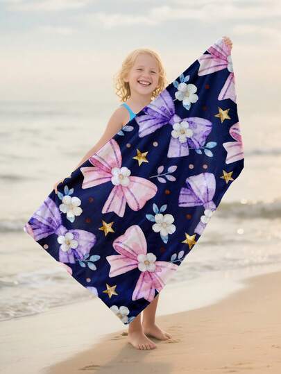 1pc Pink & Purple Bow Kids Beach Towel, Super Soft Microfiber Extra Large Beach Blanket, Highly Absorbent Bath Towel, Suitable For Travel, Swimming Pool, Diving, Surfing, Yoga, Camping, Available In Multiple Sizes, Beach Accessories For Beach, Pool, Travel, Camping, Yoga
