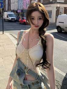 Ballerina Style Lace Padded Camisole Top, Slim Fit Retro Luxury Sexy Spaghetti Strap Bowknot Cami Top For Women Casual - Apricot - View 1