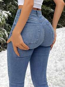 Y2K Style High Waist Light Blue Denim Jeans, Cropped Length, Slim Fit Skinny Pants, Flattering Silhouette, Suitable For Spring/Summer, Holidays, Festivals, Casual Denim Outfits, Jeans, Trousers, Outings, Women's Denim Jeans, Women's Denim Outfits, Women's Denim Pants, Curve-Hugging - 輕洗 - 查看 13