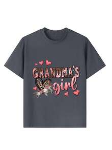 女童休闲印花圆领短袖T恤，夏季上衣 - 深灰色 - 查看 6