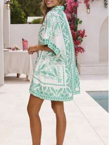 Bộ jumpsuit nữ màu xanh bạc hà thanh lịch và thoải mái với họa tiết paisley, tay áo cánh dơi rộng rãi, eo thắt, kiểu dáng nghỉ mát mùa hè. - Màu xanh Bạc hà - Xem 3