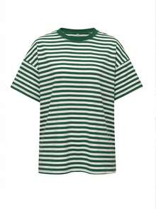 Vaiaye 女士宽松圆领休闲T恤，条纹拼接简约修身短袖T恤，适合春夏穿着，情人节服装 - 綠色 - 查看 3