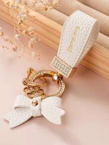 1 pieza Llavero de piel sintética con rhinestones, textura de rombo, brillante, casual, elegante, adecuado para fiesta, calle, transporte, reunión, llaves de coche, llaves de casa, todo el año - Blanco - Ver 4