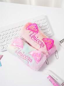 1个时尚扎染猫耳铅笔盒，亮片文具袋，毛绒字母拉链铅笔袋，简约收纳袋 - 粉色 - 查看 11