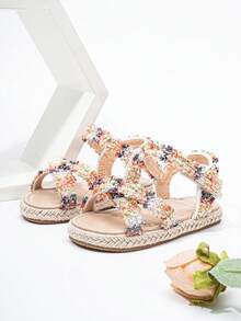 1 Pair Fashion Straw Woven Girls Sandals, Lace Rope Braided Flat Design Cute Baby Shoes, Suitable For Spring, Summer, Autumn Wear With Dresses - White - View 3