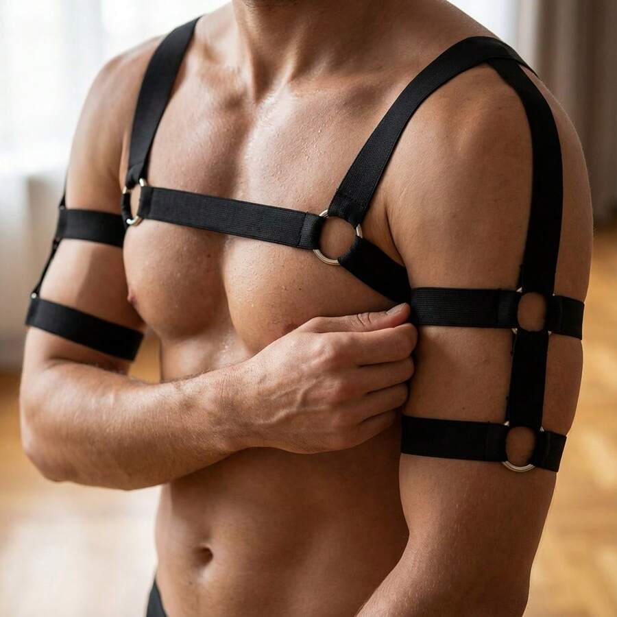 Harness Masculino com Mangas de Argolas e Tiras Duplas - Estilo Punk Industrial - Preto - Visão 1