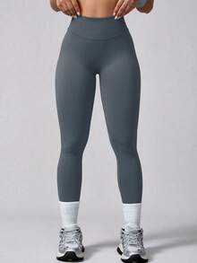 1 pieza Pantalones deportivos elásticos sin costuras de cintura alta de unicolor acanalado para mujer, primavera - Gris Oscuro - Ver 5