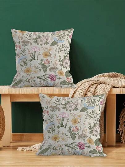 2Pcs Watercolor Peony And Yellow Flower Pillowcase Set, Vintage Butterfly And Hydrangea Floral Spring/Summer Farmhouse Pillowcase Home Sofa Holiday Party Decoration Living Room Bedroom Bed Sofa Chair Cushion Cover (Unfilled)