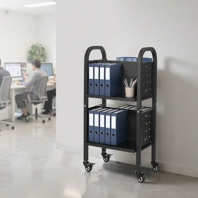 Carro para Libros de 2 Niveles Estantería de Libros con Ruedas 45 x 33 x 88 cm Estante de Almacenamiento en Forma de L Doble Caro Carro Rodante para Biblioteca, Oficina, Escuela, Negro