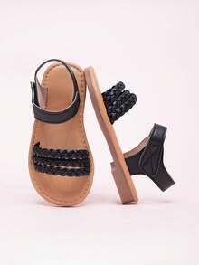 1 Pair Summer Party & Wedding Cute Striped Woven Hook And Loop Princess Style Lace Flat Sandals For Toddler Girls - Black - View 2