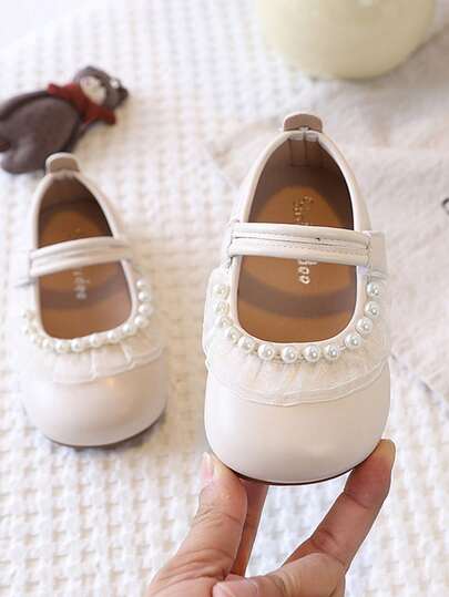1 Pair Girls' Flat Shoes, 2026 New Fashion Versatile Pearl Lace Princess Shoes, Suitable For Daily, School, Sports, Running, Casual Leather Shoes