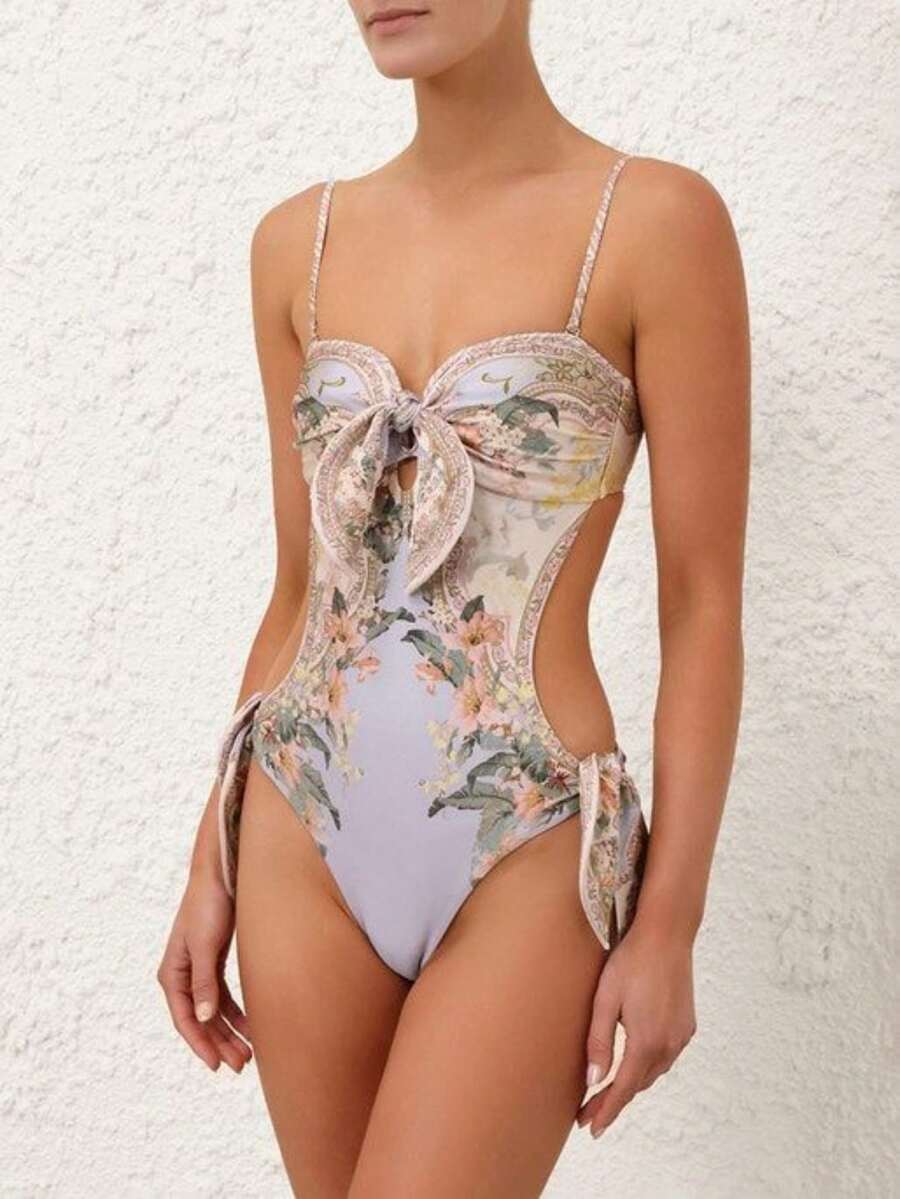 2026 Summer Beach Allover Print Backless One Piece Swimsuit - Multicolor - View 1