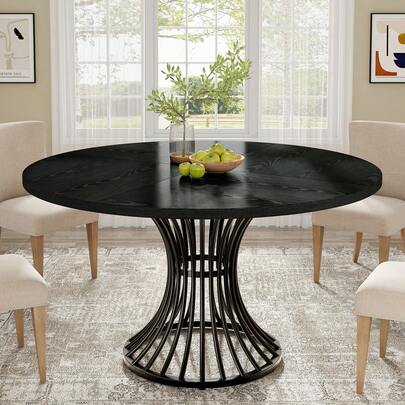 LITTLE TREE Farmhouse Industrial Dining Table, 120cm Round Kitchen Table 4-6 Seater With Sturdy Metal Base, Brown & Black For Kitchen Living Room